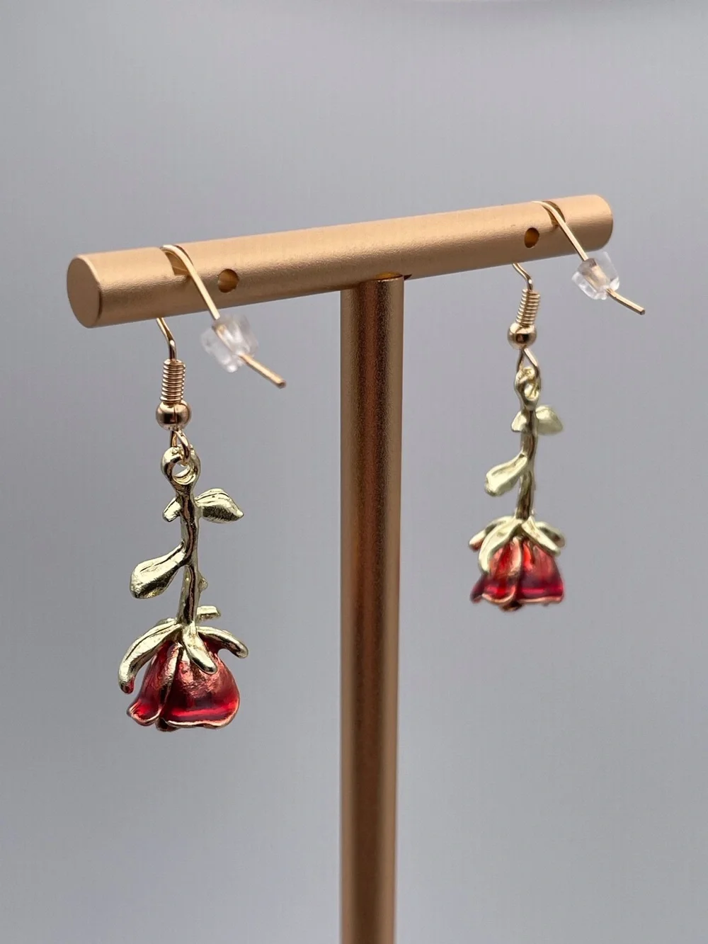 Gold Red Rose Drop Earrings
